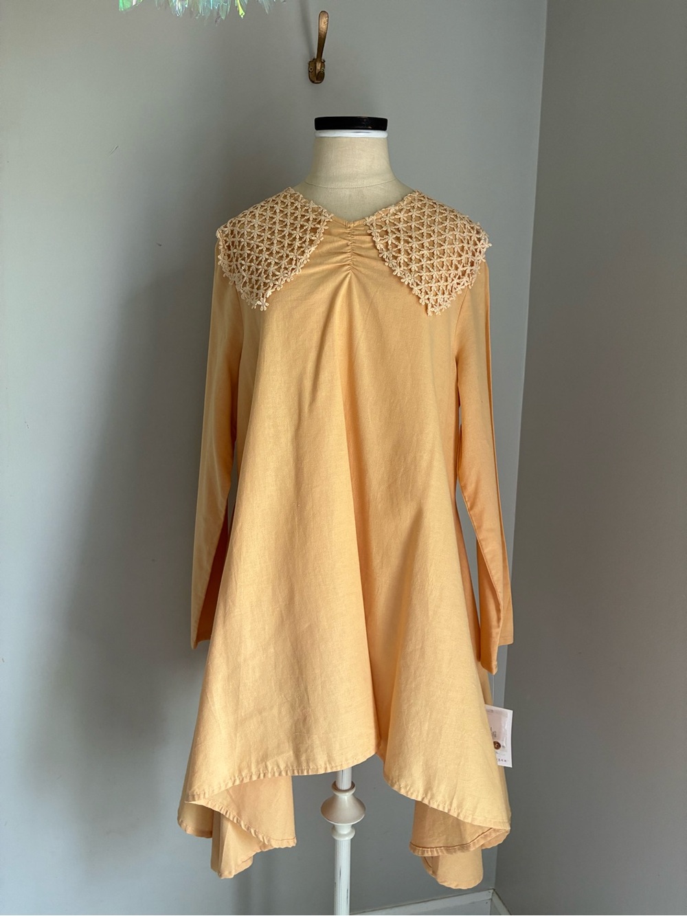 NEW Ella Belle Banana Yellow Linen Lagenlook Lace Collar Dress Top Size Large
